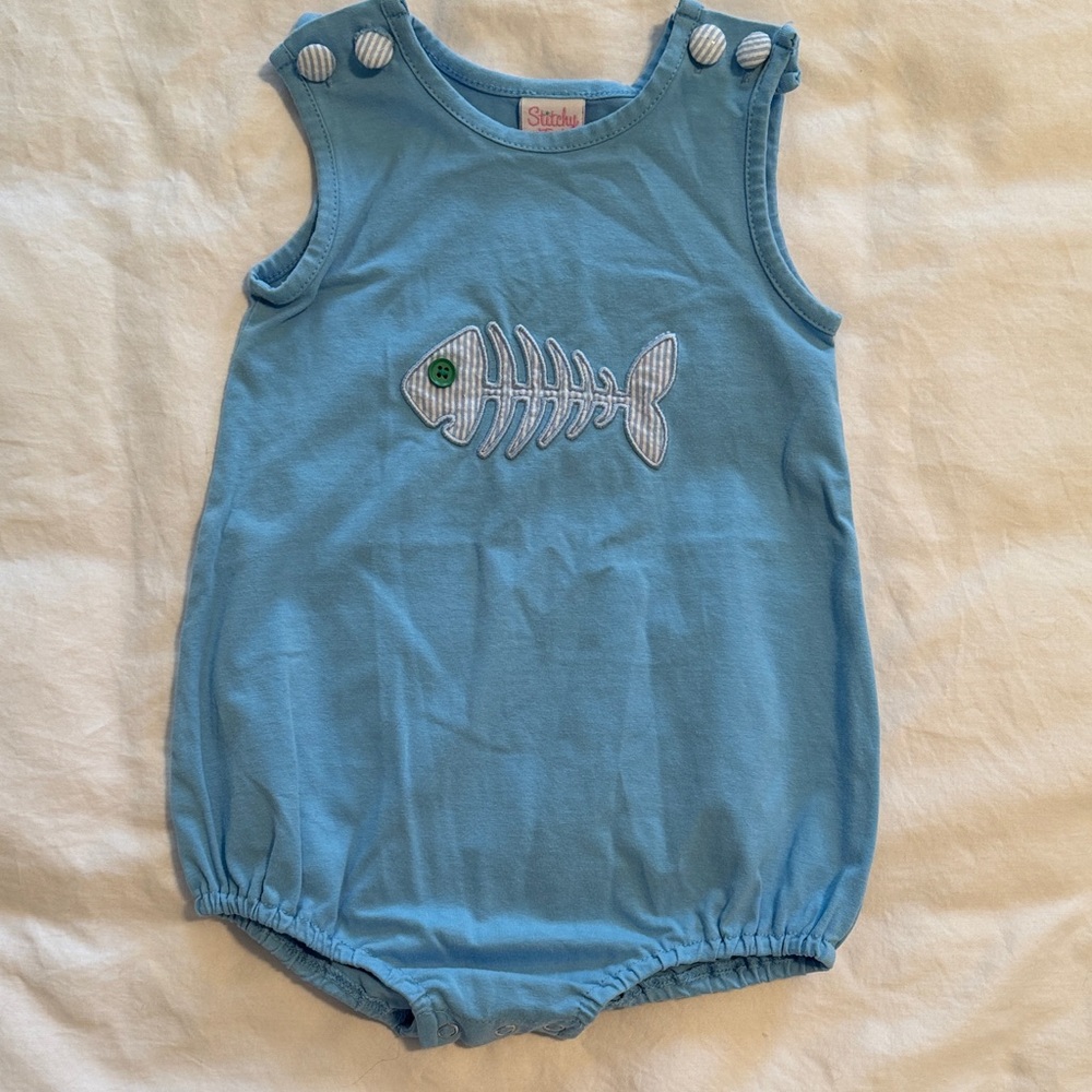 Blue Fish Embroidered Kids One Piece